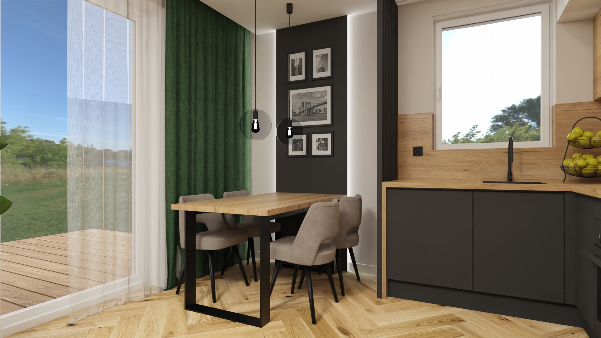Nowoczesna jadalnia z drewnianym stołem, szarymi krzesłami i zielonymi zasłonami