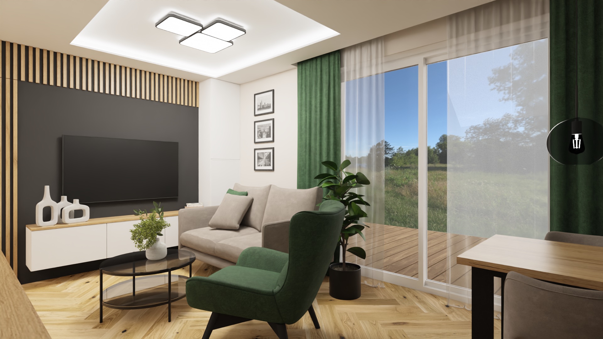 Nowoczesny salon z zielonymi zasłonami, szaro-beżową sofą i widokiem na ogród