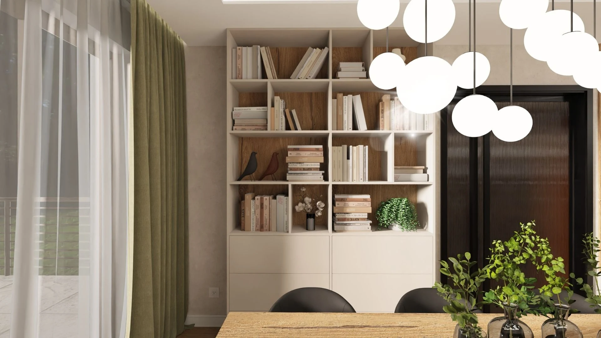 Nowoczesna jadalnia z biblioteczką