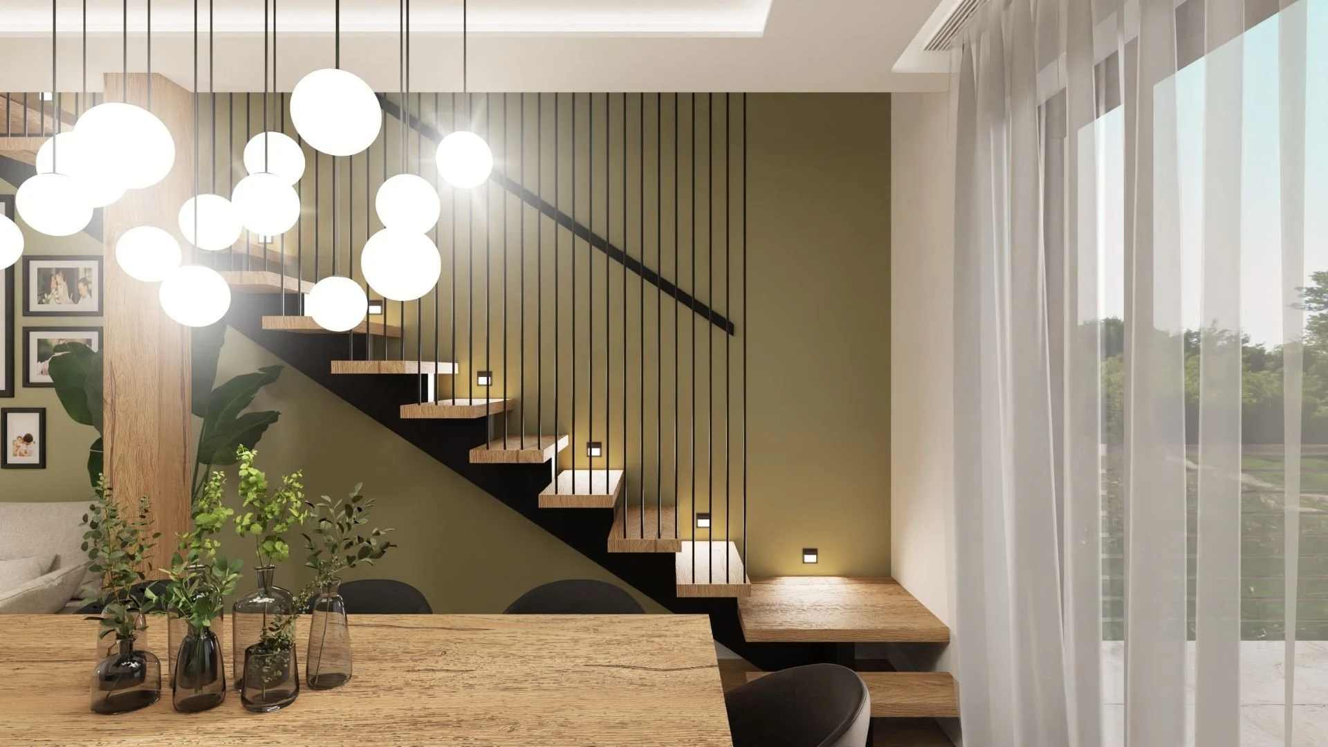 Nowoczesna jadalnia ze schodami