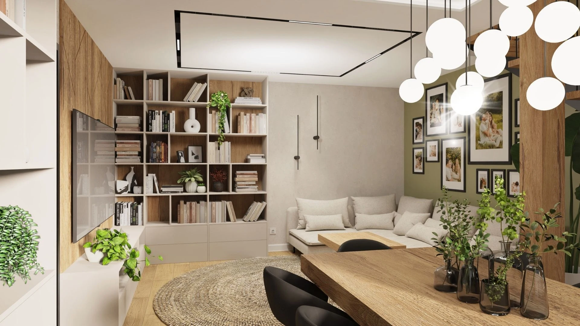 Nowoczesny salon z drewnianym stołem