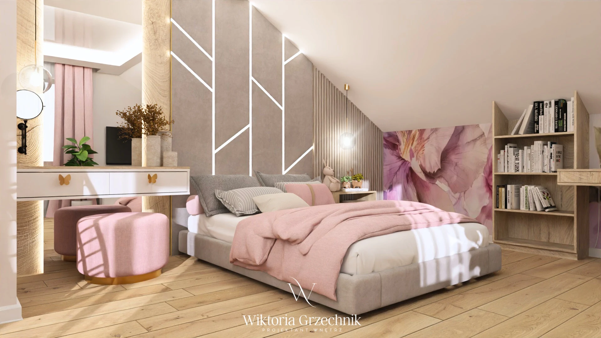 Nowoczesne wnętrze dziewczęcego pokoju na poddaszu z jasnymi akcentami i delikatnymi kolorami.