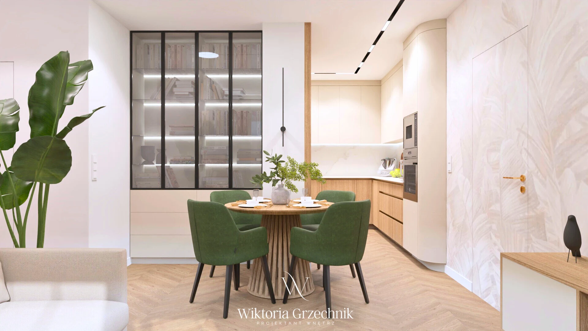 Nowoczesna strefa dzienna z okrągłym stołem i zielonymi krzesłami w stylu japandi