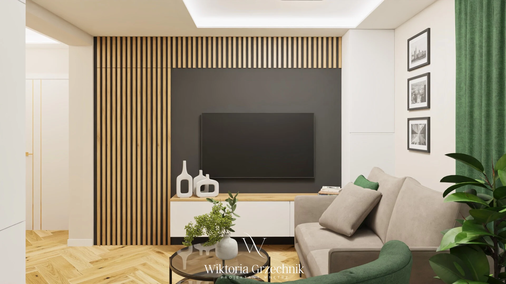 Nowoczesny salon z szaro-beżową sofą, drewnianą ścianą i minimalistycznym telewizorem