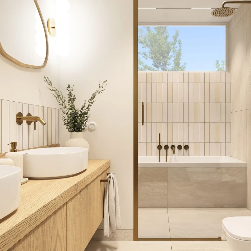 Nowoczesna zielona łazienka z drewnianymi akcentami i dużym lustrem